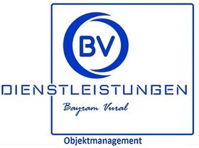 Logo: Blauer Kreis mit &bdquo;BV&ldquo; darin, umgeben von einem quadratischen Rahmen, darunter der Text &bdquo;DIENSTLEISTUNGEN&ldquo;, darunter der Text &bdquo;Bayram Vural&ldquo;.