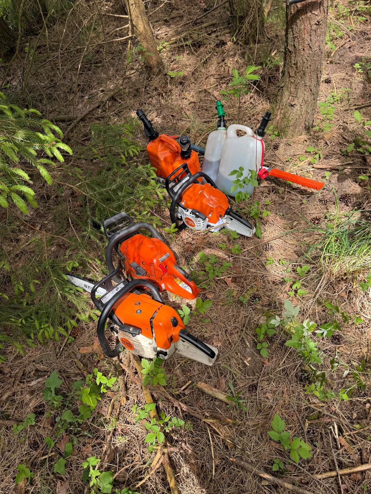 Vier orange-weiße Kettensägen und ein Brennstoffbehälter liegen auf dem Waldboden.