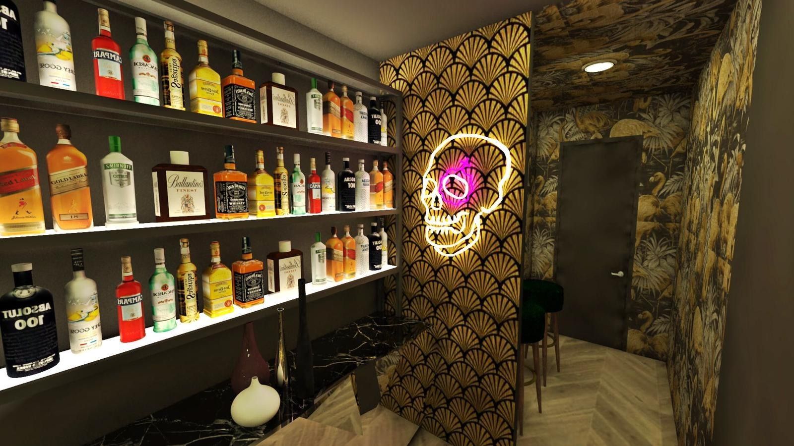 Hay muchas botellas de alcohol en los estantes de esta sala.