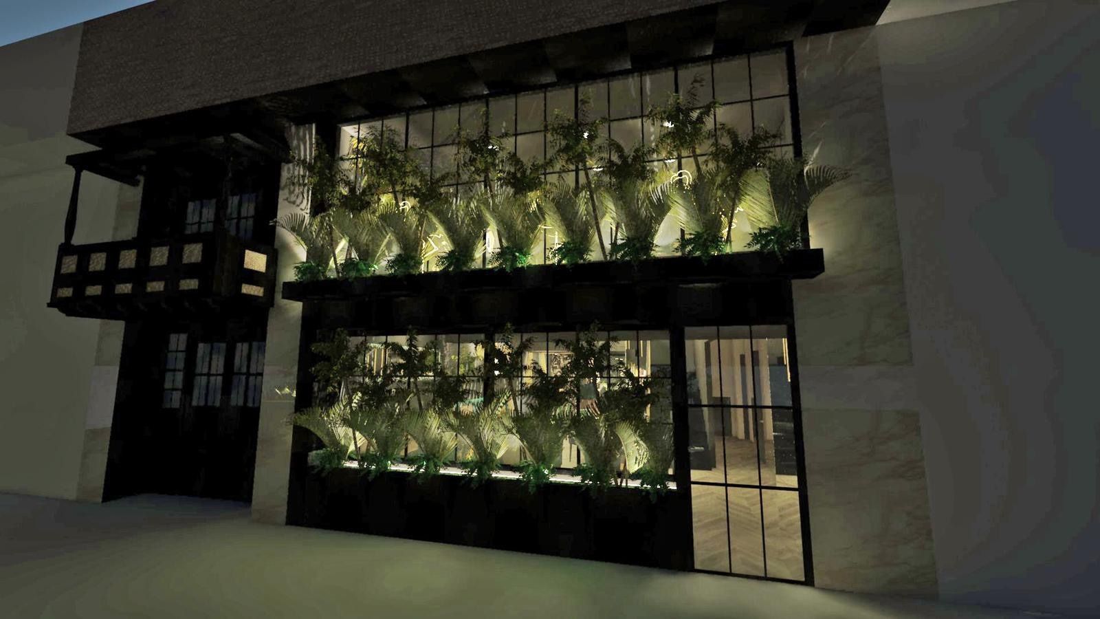 Un edificio con muchas ventanas y plantas.