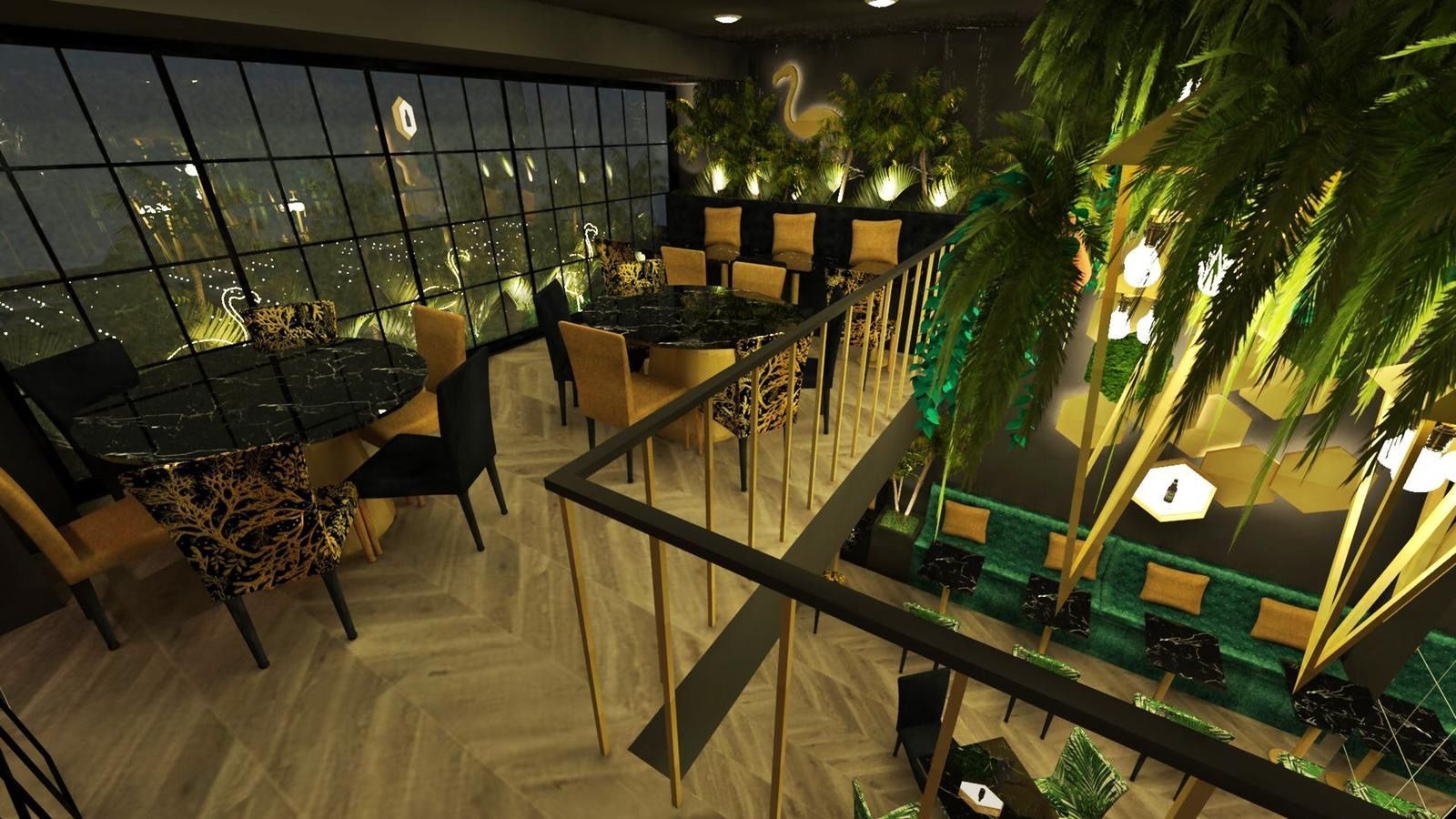 Un restaurante con mesas y sillas y vista de la ciudad de noche.