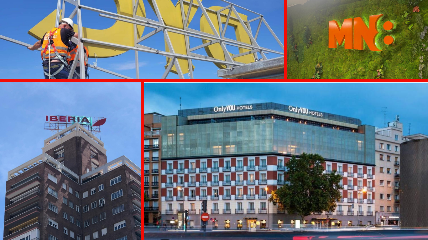 Un collage de imágenes muestra un edificio con la palabra Iberia.