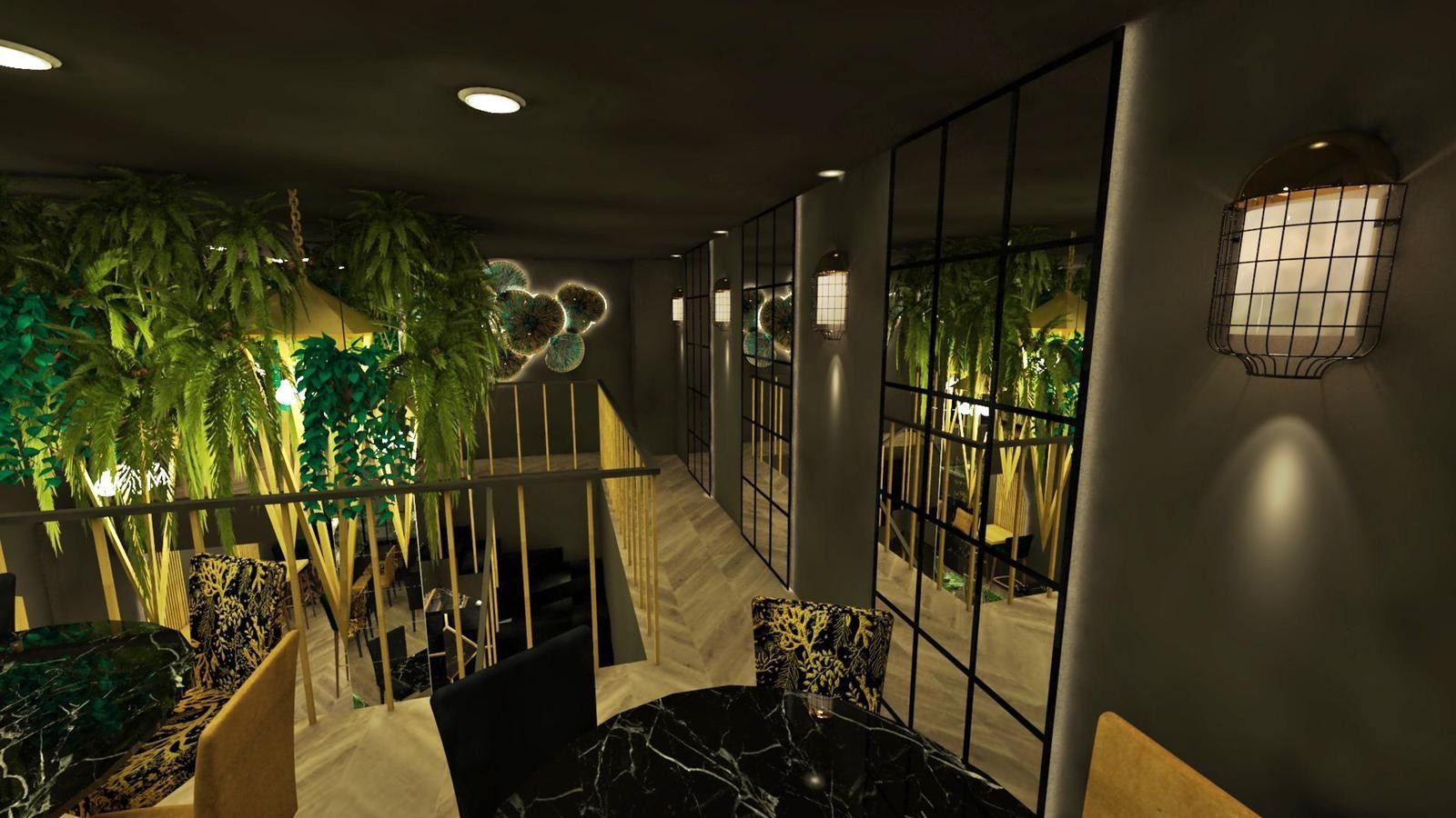 Una imagen generada por computadora de un restaurante con una mesa y sillas.