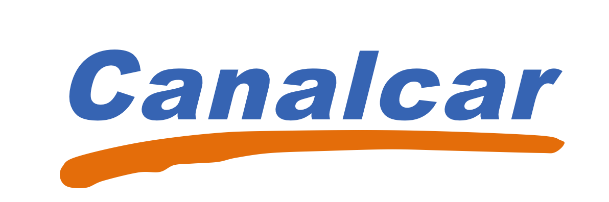 Un logotipo azul y naranja para Canalcar sobre un fondo blanco.