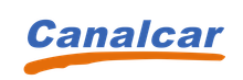 Un logotipo azul y naranja para Canalcar sobre un fondo blanco.