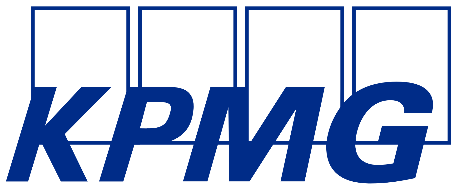 El logotipo de KPMG es azul y blanco sobre un fondo blanco.