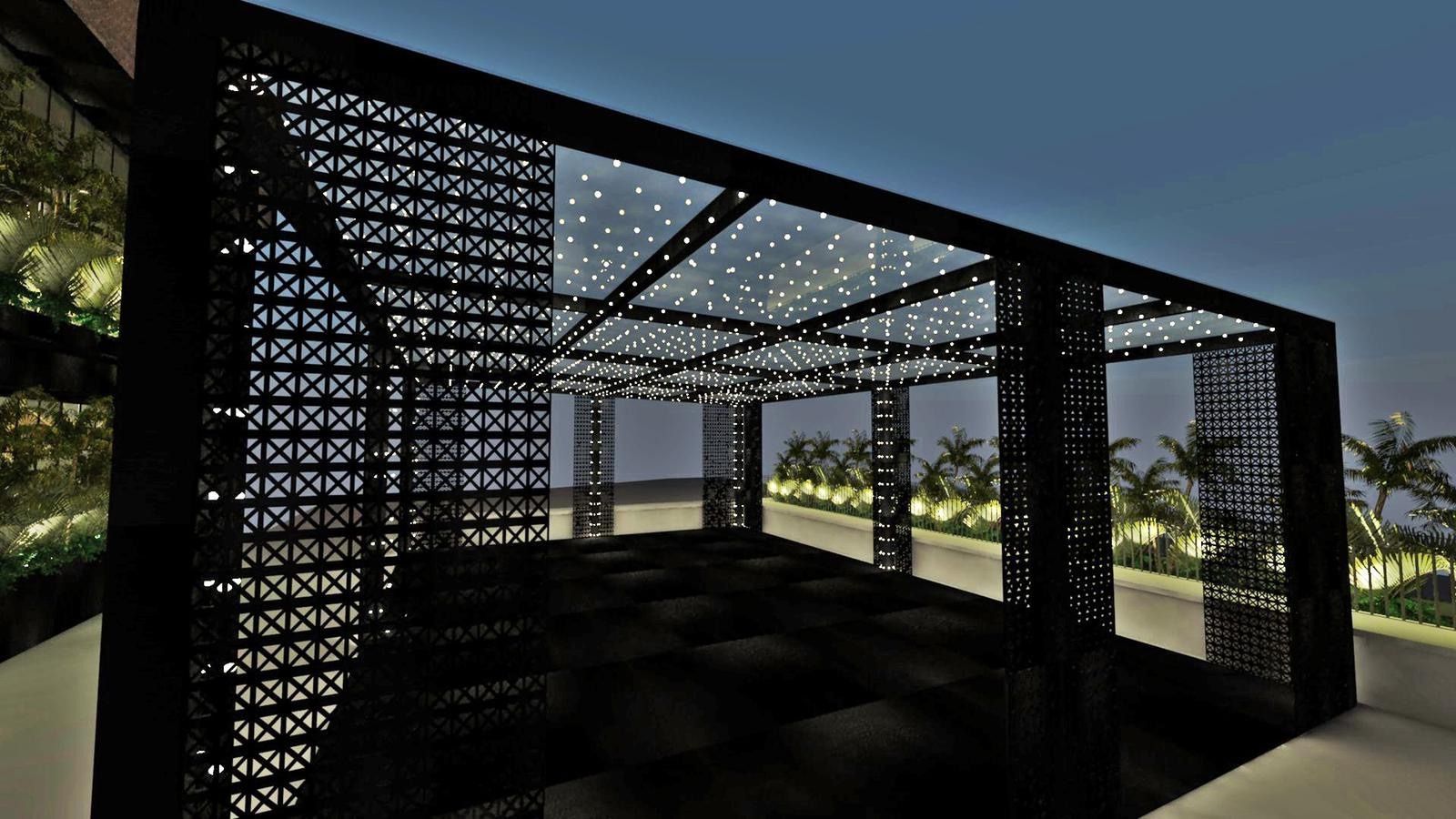 Una imagen generada por computadora de un edificio con un techo iluminado por la noche.