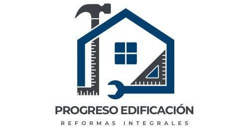 Logo: Blue house shape with tools inside. Text reads "Progreso Edificación, Reformas Integrales".