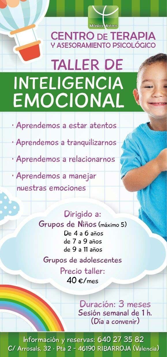 Un cartel para un taller de inteligencia emocional con un niño y un arcoiris.