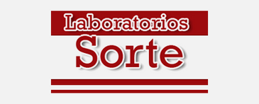 Logotipo de Laboratorios Sorte en rojo con l&iacute;neas horizontales rojas sobre un fondo blanco.