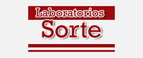 Logotipo de Laboratorios Sorte en rojo con líneas horizontales rojas sobre un fondo blanco.