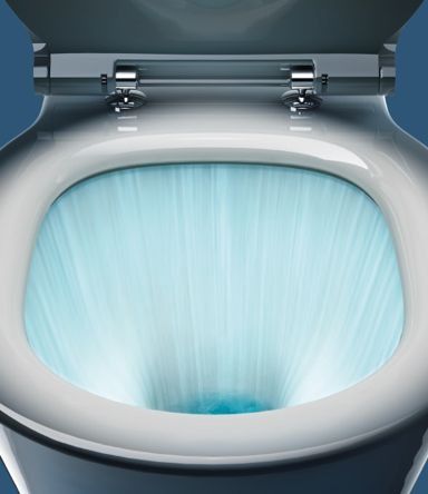 Una luz azul brillante y giratoria dentro de un inodoro blanco, vista desde arriba.