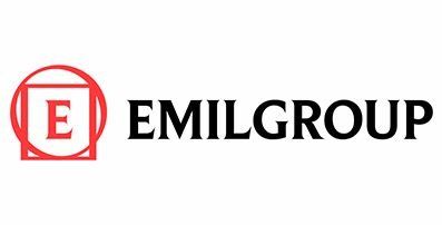 Logotipo de EMILGROUP: un círculo rojo que contiene un cuadrado con un borde rojo y una