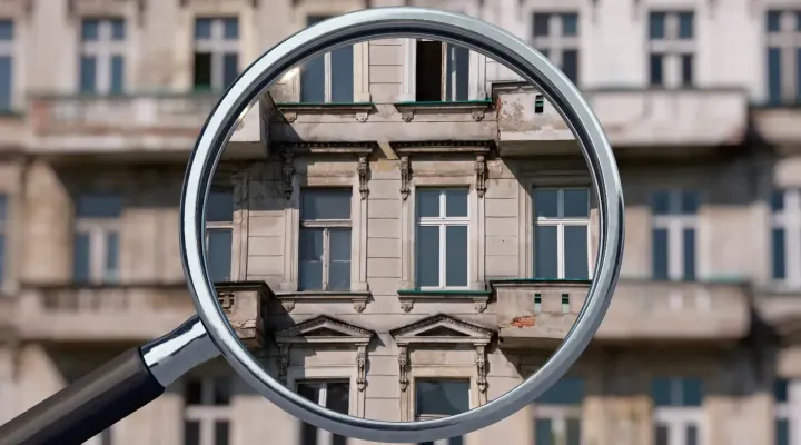 Vergrößerungsglas über einer verwitterten Gebäudefassade mit Fenstern.