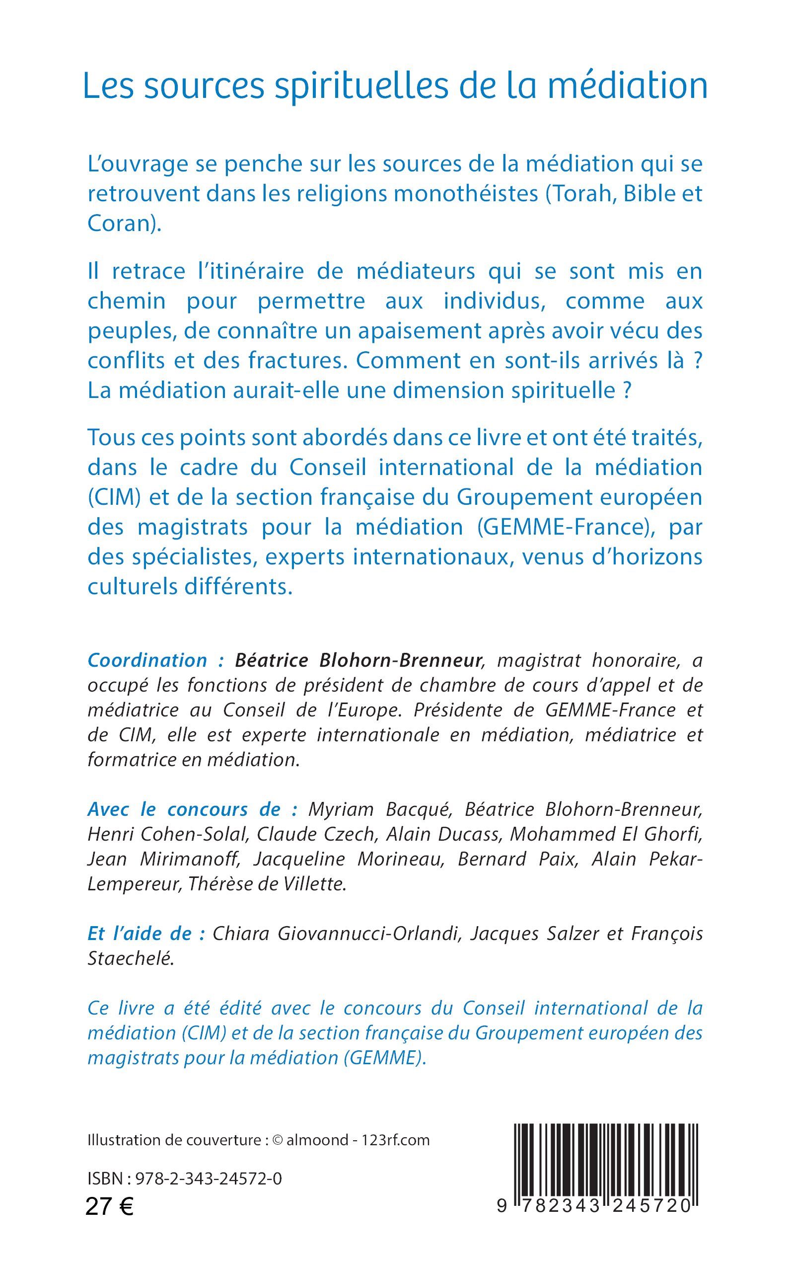 Quatrième de couverture d'un livre en français, texte bleu clair sur fond blanc, titres de section noirs et code-barres en bas à droite.