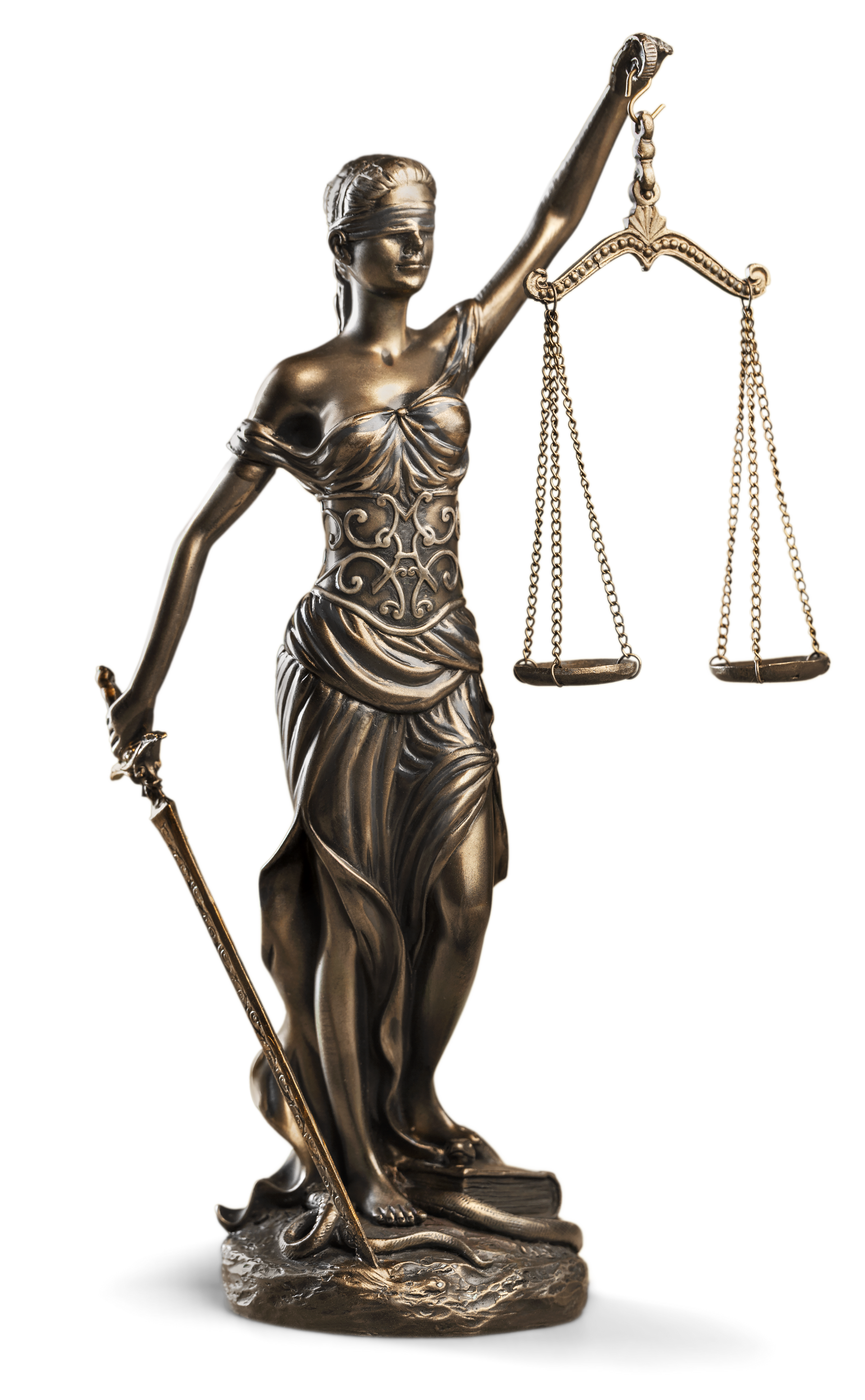 Statue en bronze de la Justice tenant une balance et une épée, symbolisant la loi et l'équité.
