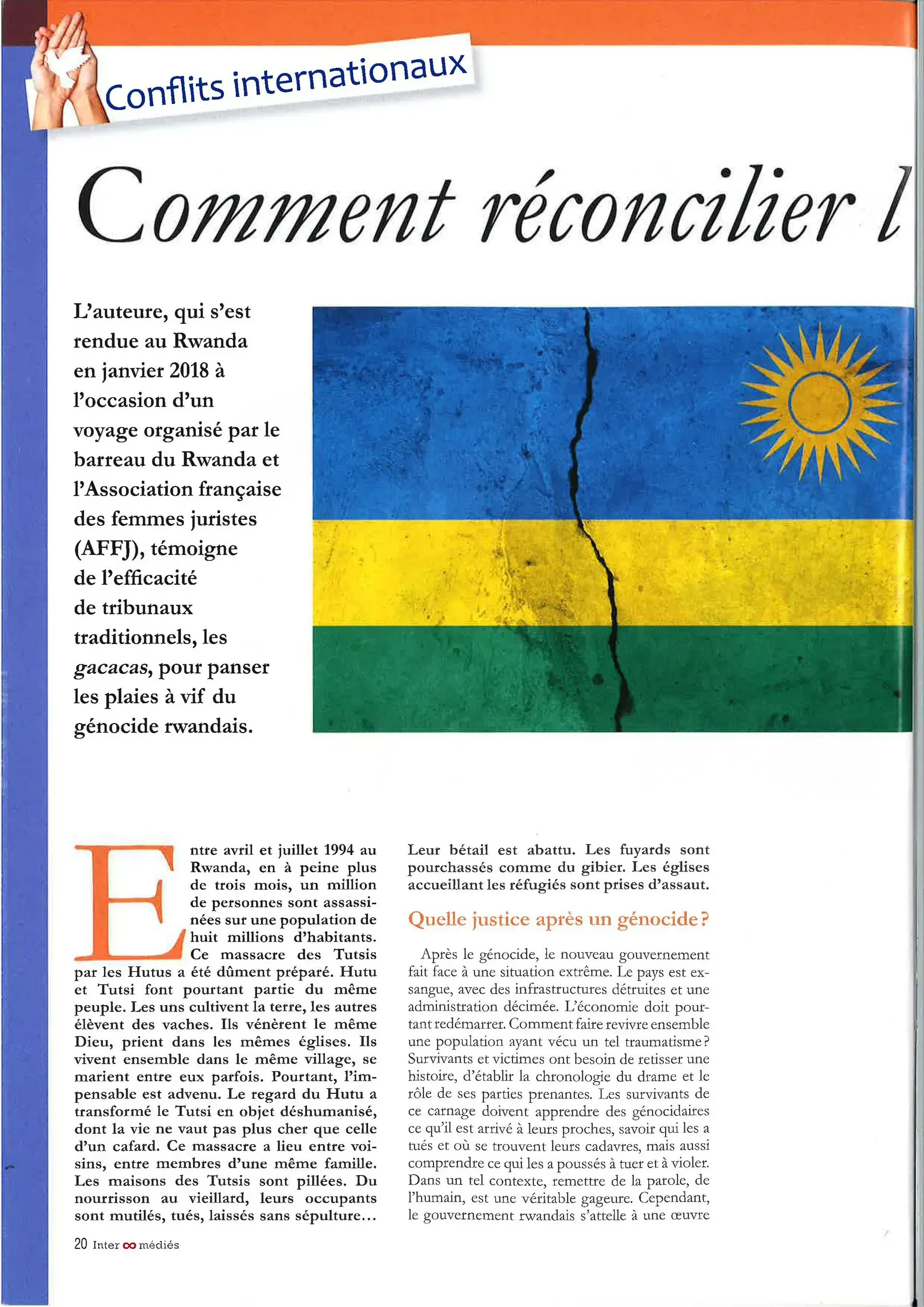 Page de magazine sur la réconciliation au Rwanda, avec un drapeau déchiré et le titre français Comment réconcilier
