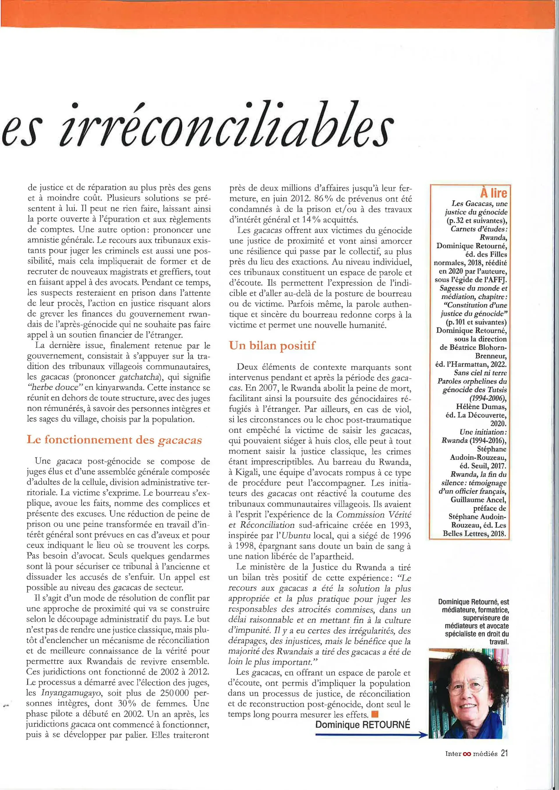 Page de magazine avec un article en français, un en-tête orange et une petite photo portrait en bas à droite.