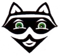 Une illustration stylisée en noir et blanc représentant le visage d'un raton laveur avec des yeux verts proéminents et une expression souriante.
