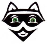 Une illustration stylisée en noir et blanc représentant le visage d'un raton laveur avec des yeux verts proéminents et une expression souriante.