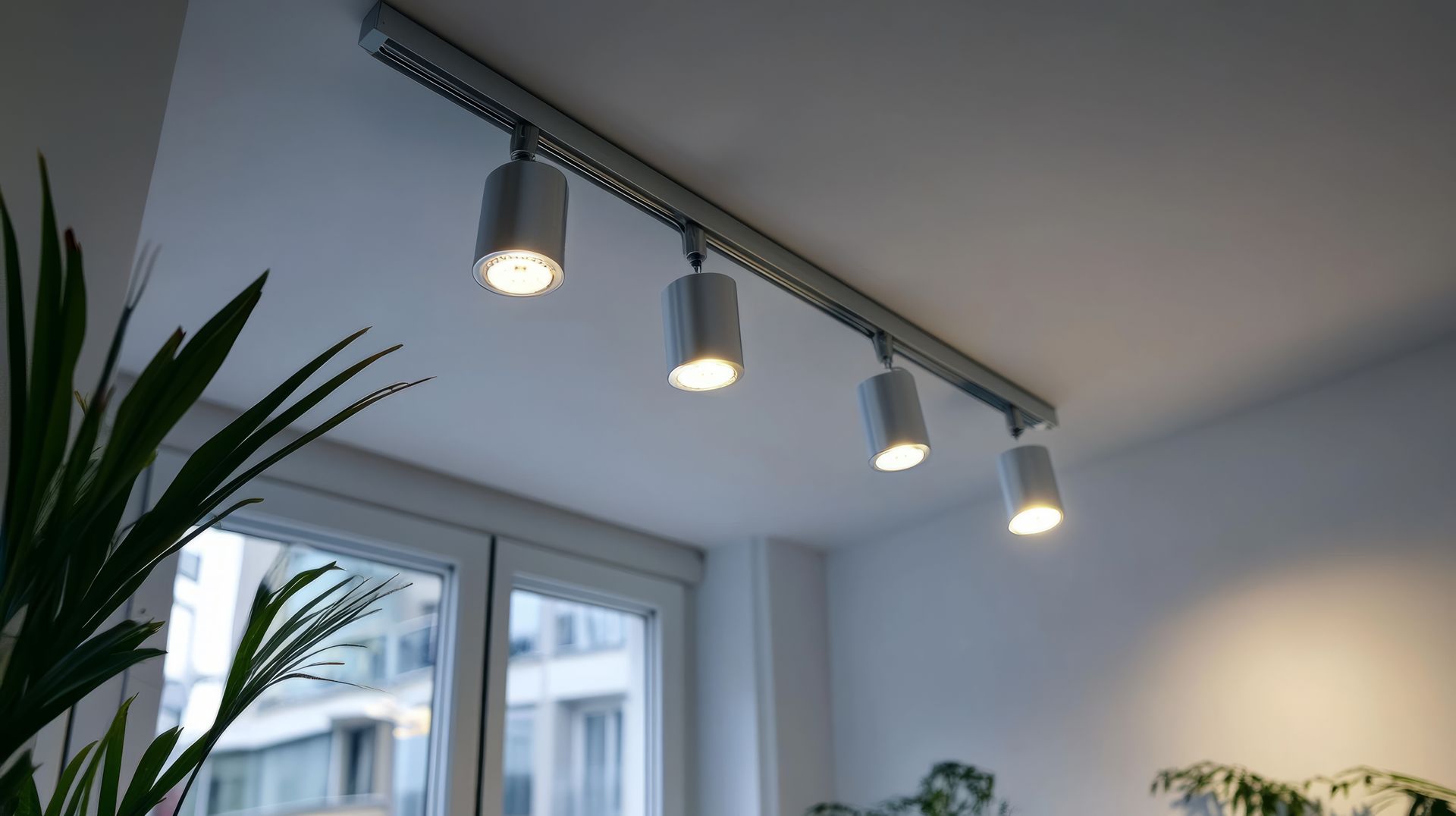 Quatre spots encastrés sur un rail au plafond éclairent une pièce avec une fenêtre et des plantes.