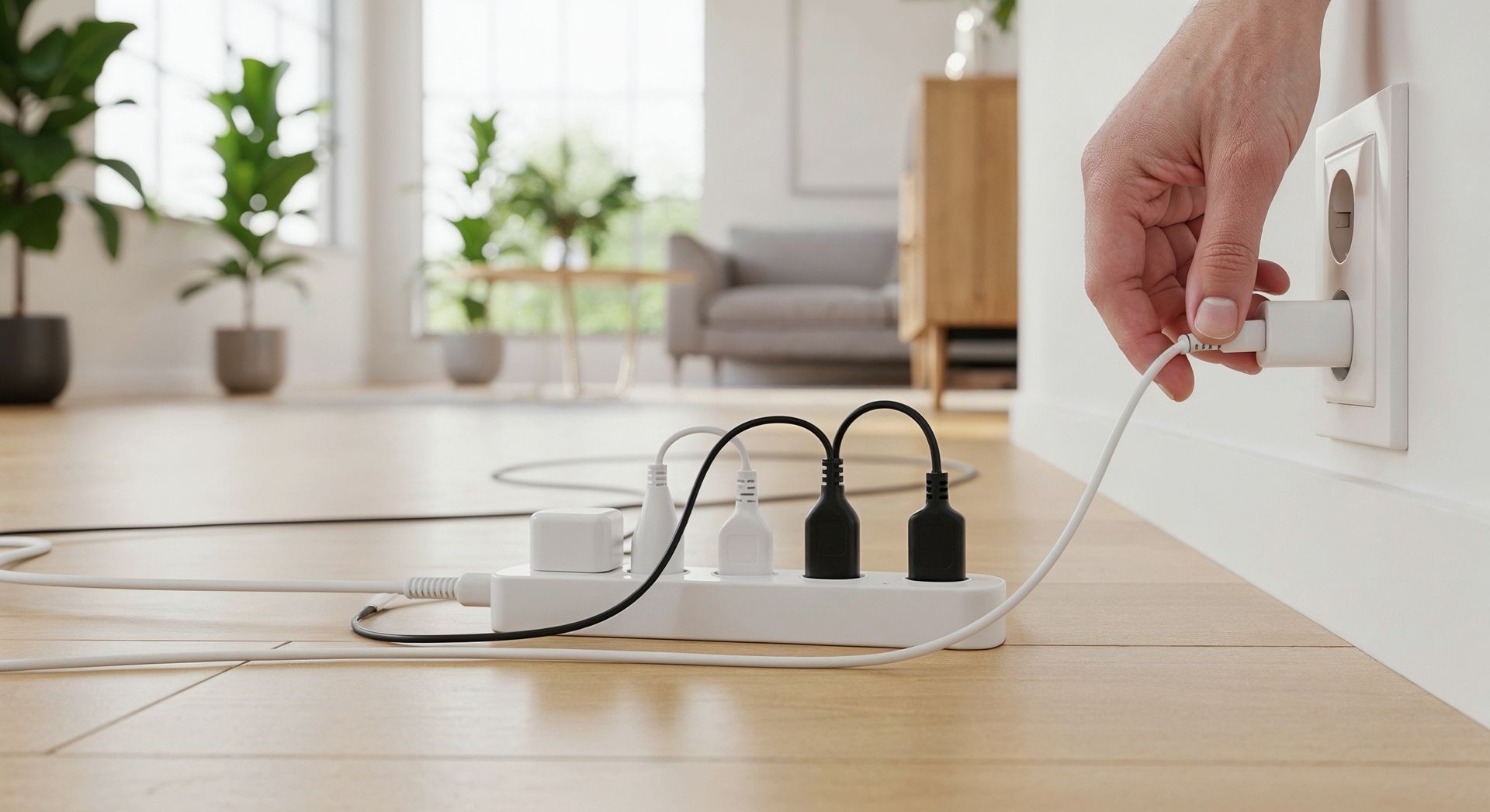 Branchement manuel d'un chargeur blanc dans une prise murale, alimentant une multiprise avec plusieurs appareils branchés.
