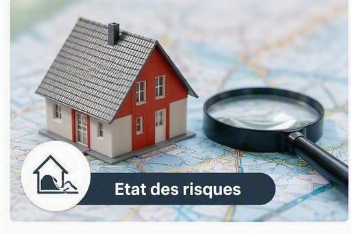 Maison miniature rouge sur une carte avec loupe et texte État des risques