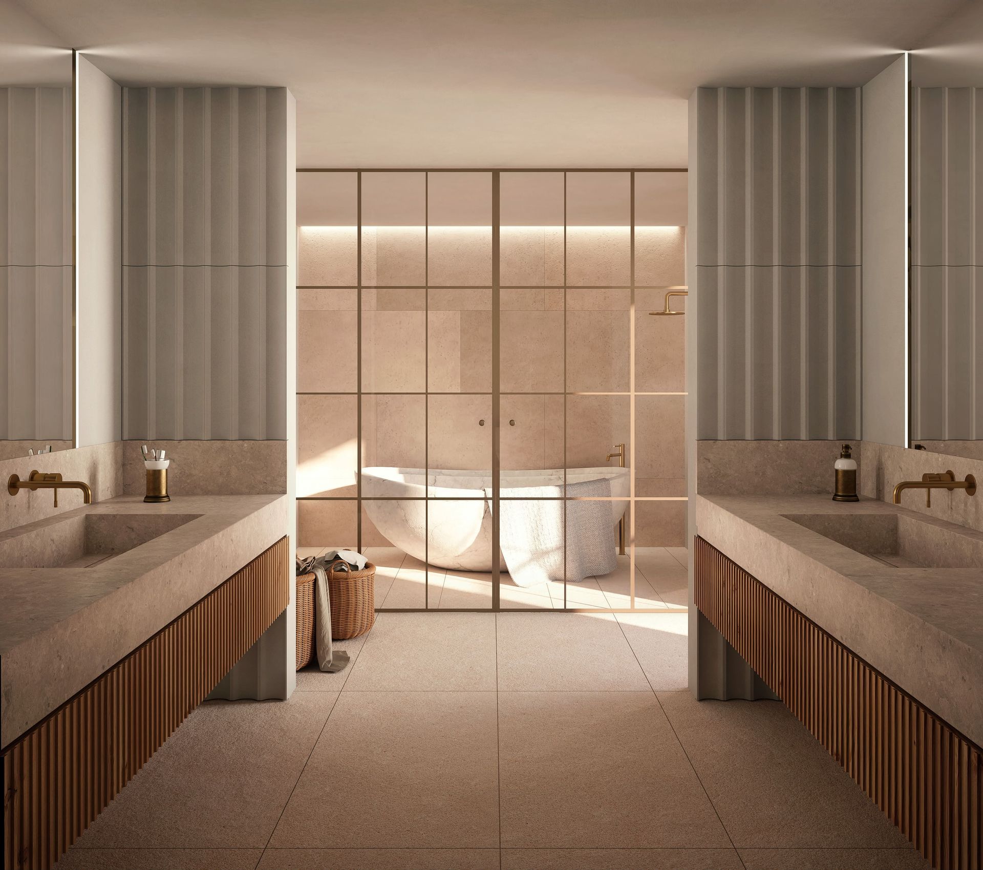 Baño moderno con dos lavabos, ducha con mampara de cristal y bañera; tonos neutros, paneles de pared verticales.