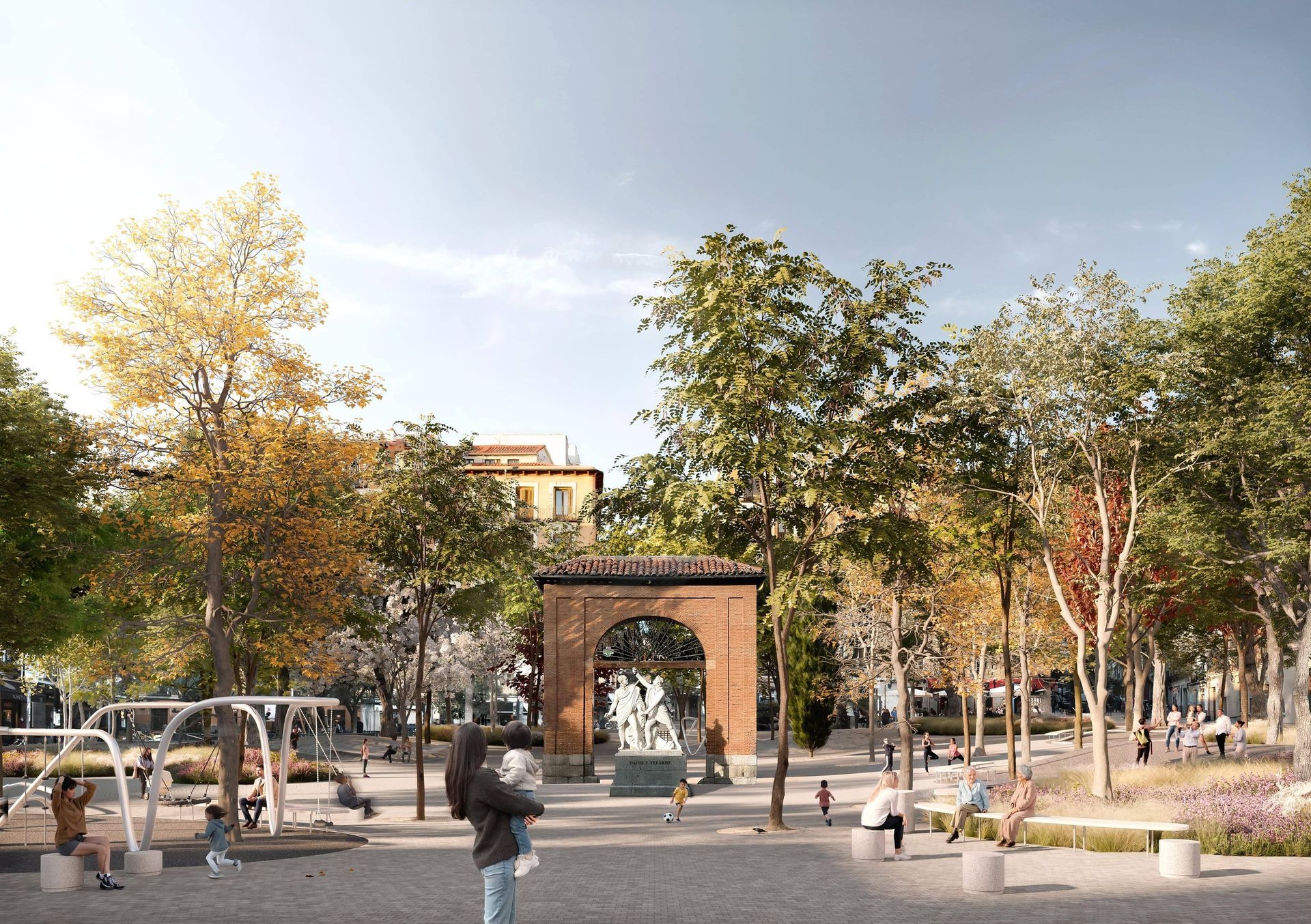 Representación de un parque con arco, árboles, zona de juegos y gente a lo lejos, en un día soleado.