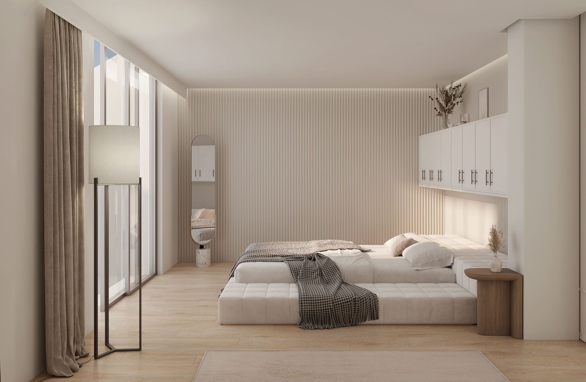 Dormitorio con suelo de madera clara, cama tipo plataforma, ventana grande y cortinas de color claro.