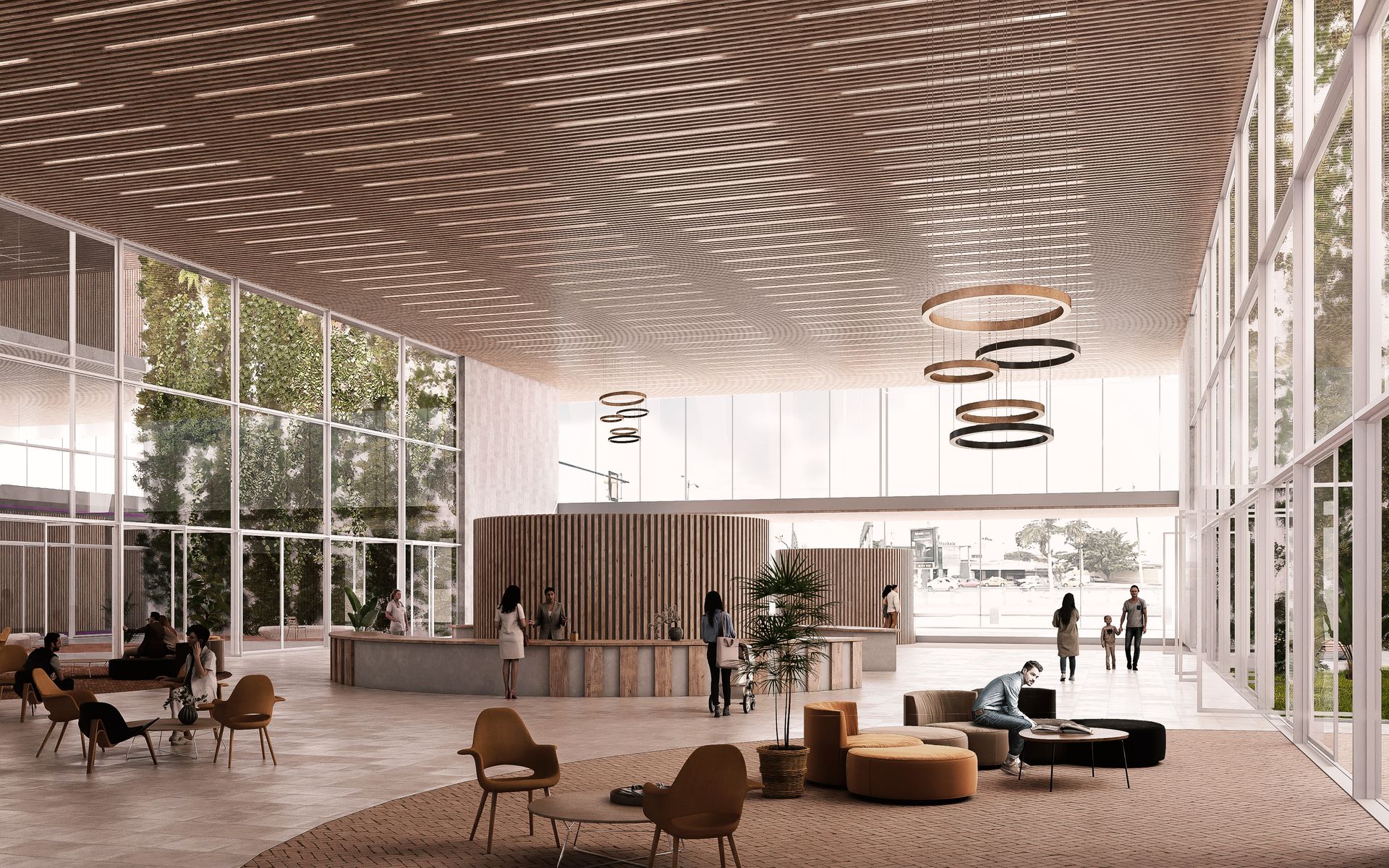 Vestíbulo espacioso con techo de madera y grandes ventanales. Personas sentadas y de pie, con luces circulares