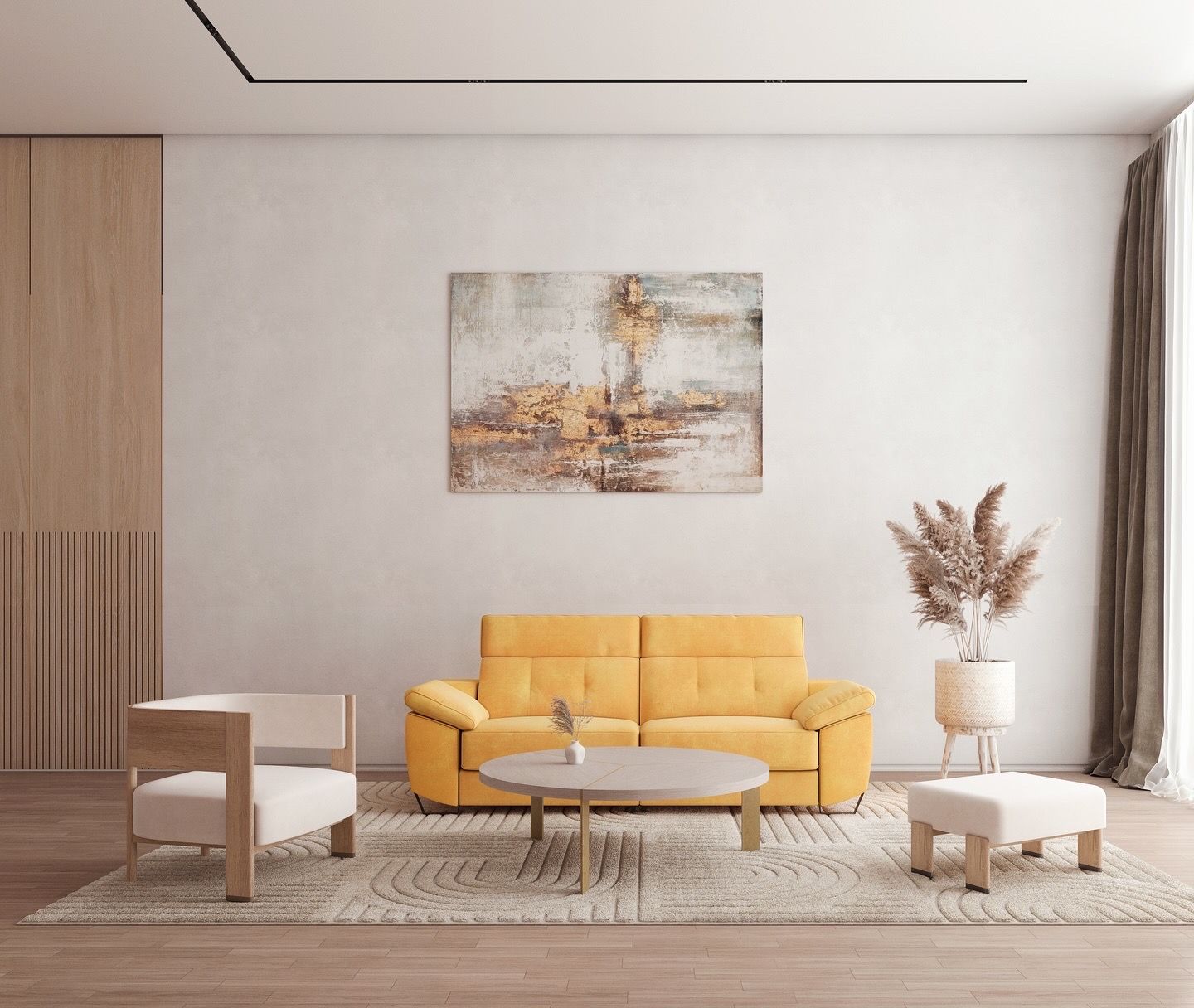 Salón con sofá amarillo, silla beige, obras de arte y alfombra.