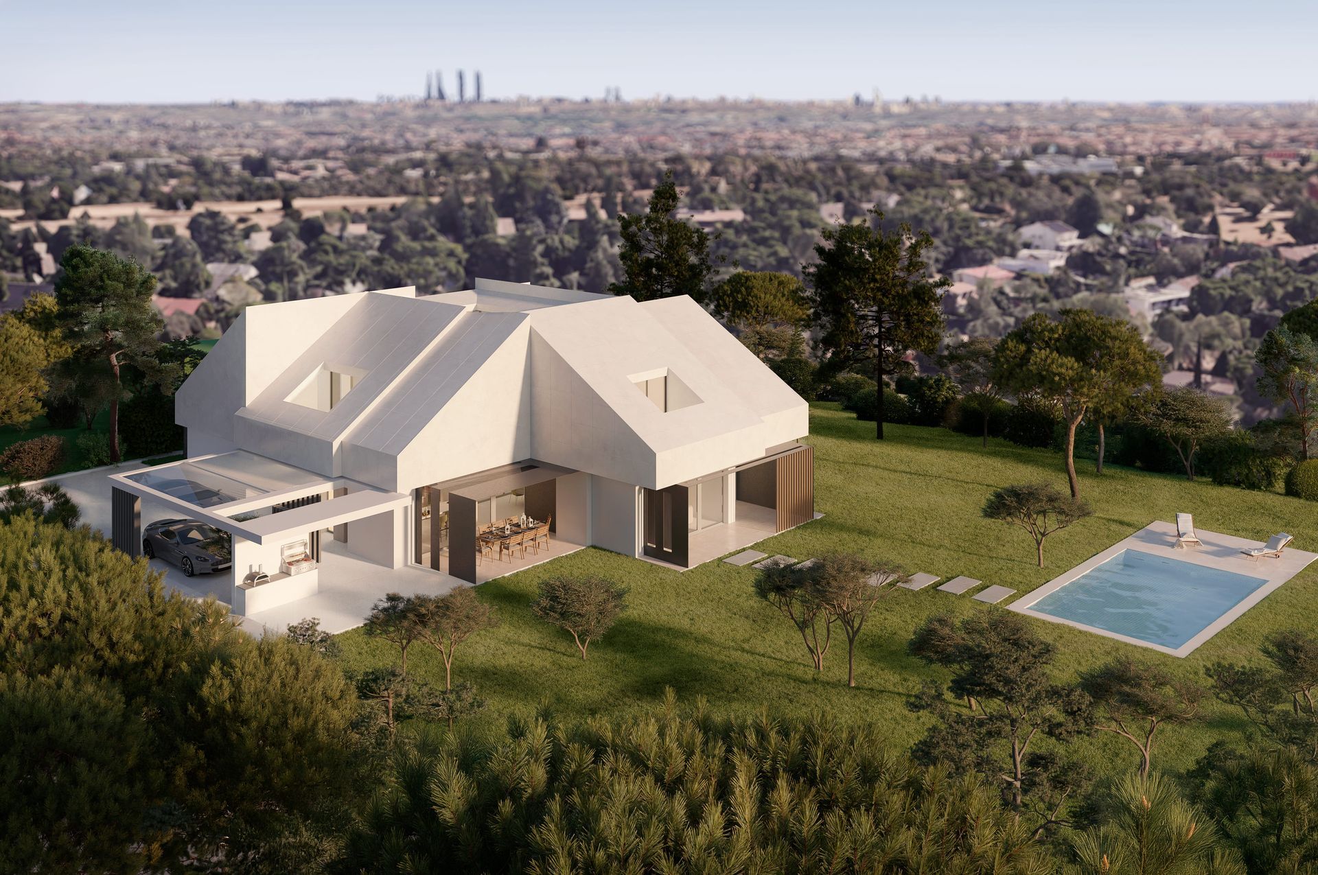 Casa moderna blanca con piscina y cochera, ubicada en una colina cubierta de hierba con vistas a la ciudad.