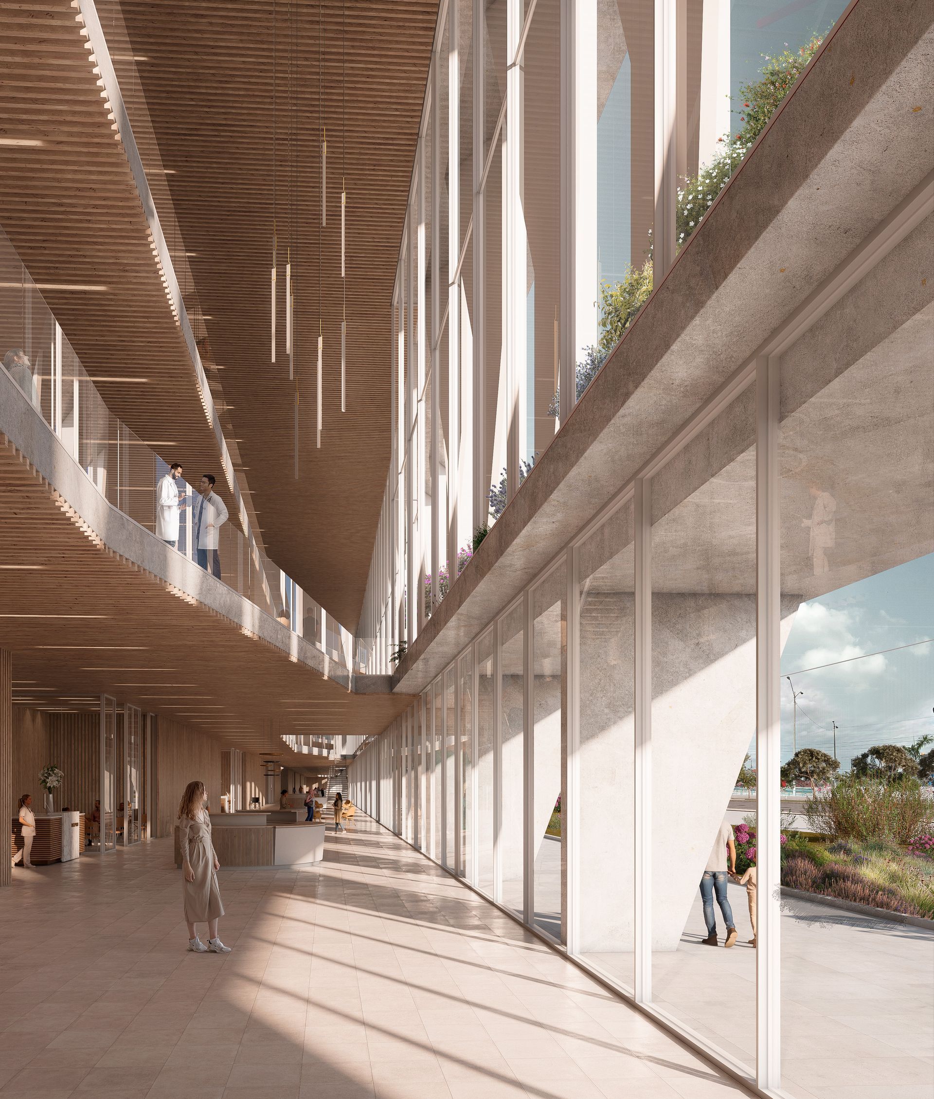 Vista exterior de un edificio moderno con paredes de cristal, pasarela y techo de madera. Hay personas presentes.