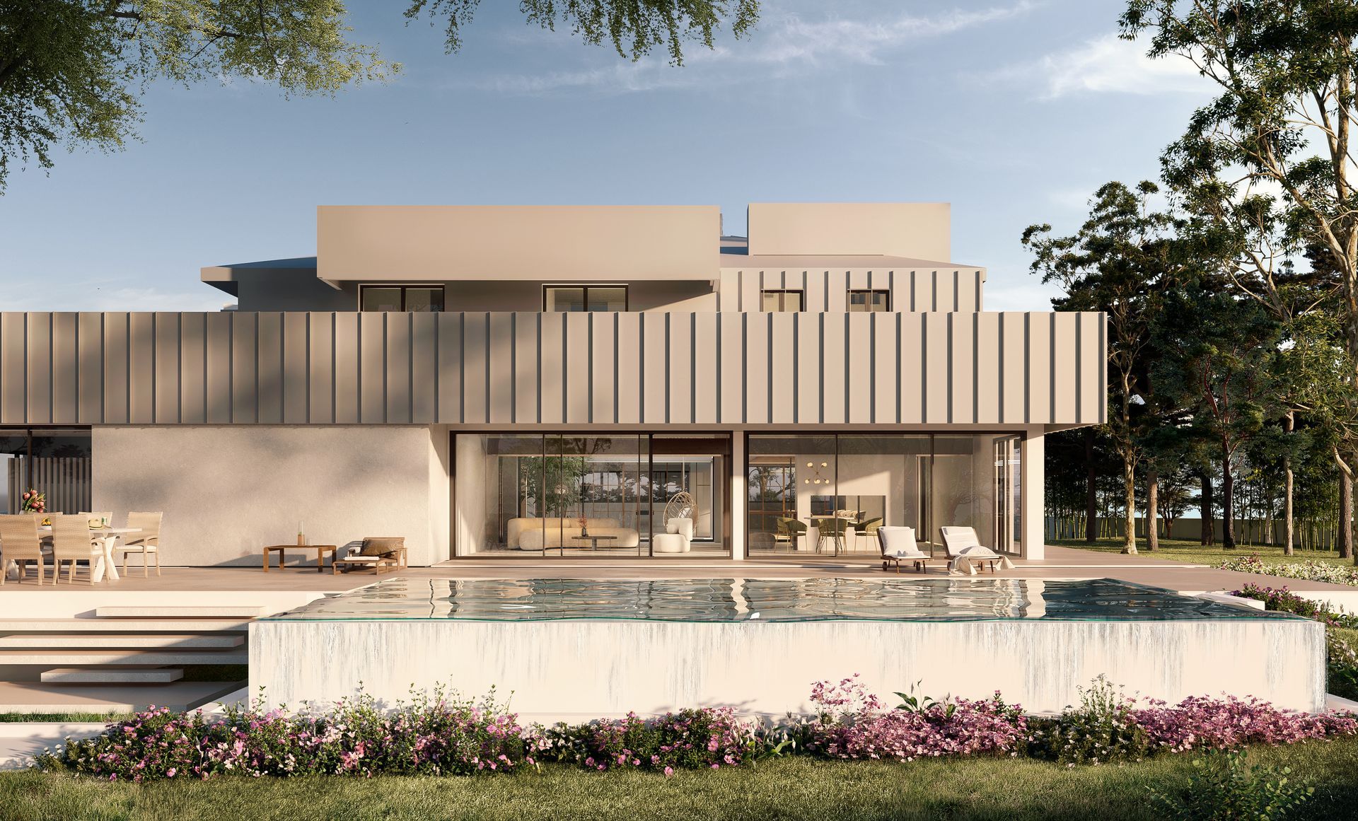 Casa moderna con piscina; una persona descansa junto a la piscina. Exterior en tonos beige y blanco, árboles al fondo.