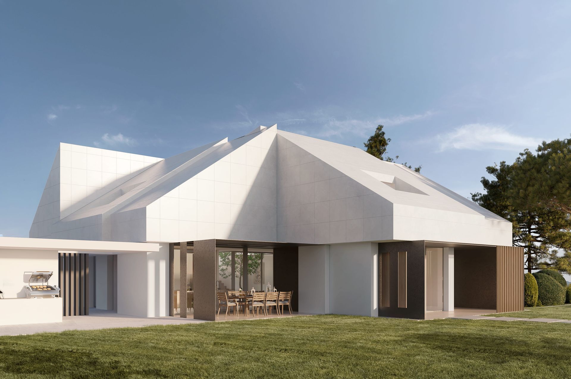 Moderna casa blanca con techo geométrico y grandes ventanales, situada sobre un césped verde.