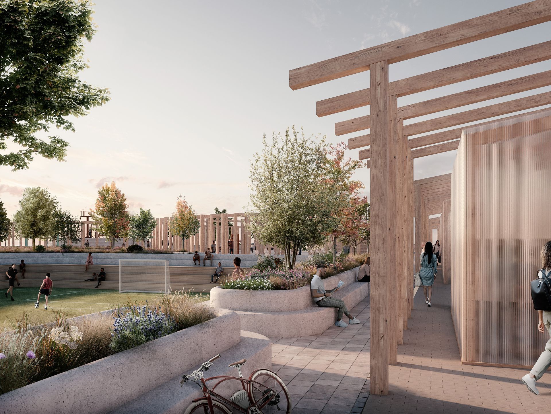 Representación exterior de un patio escolar. Estructuras de madera, césped verde, árboles, estudiantes caminando.