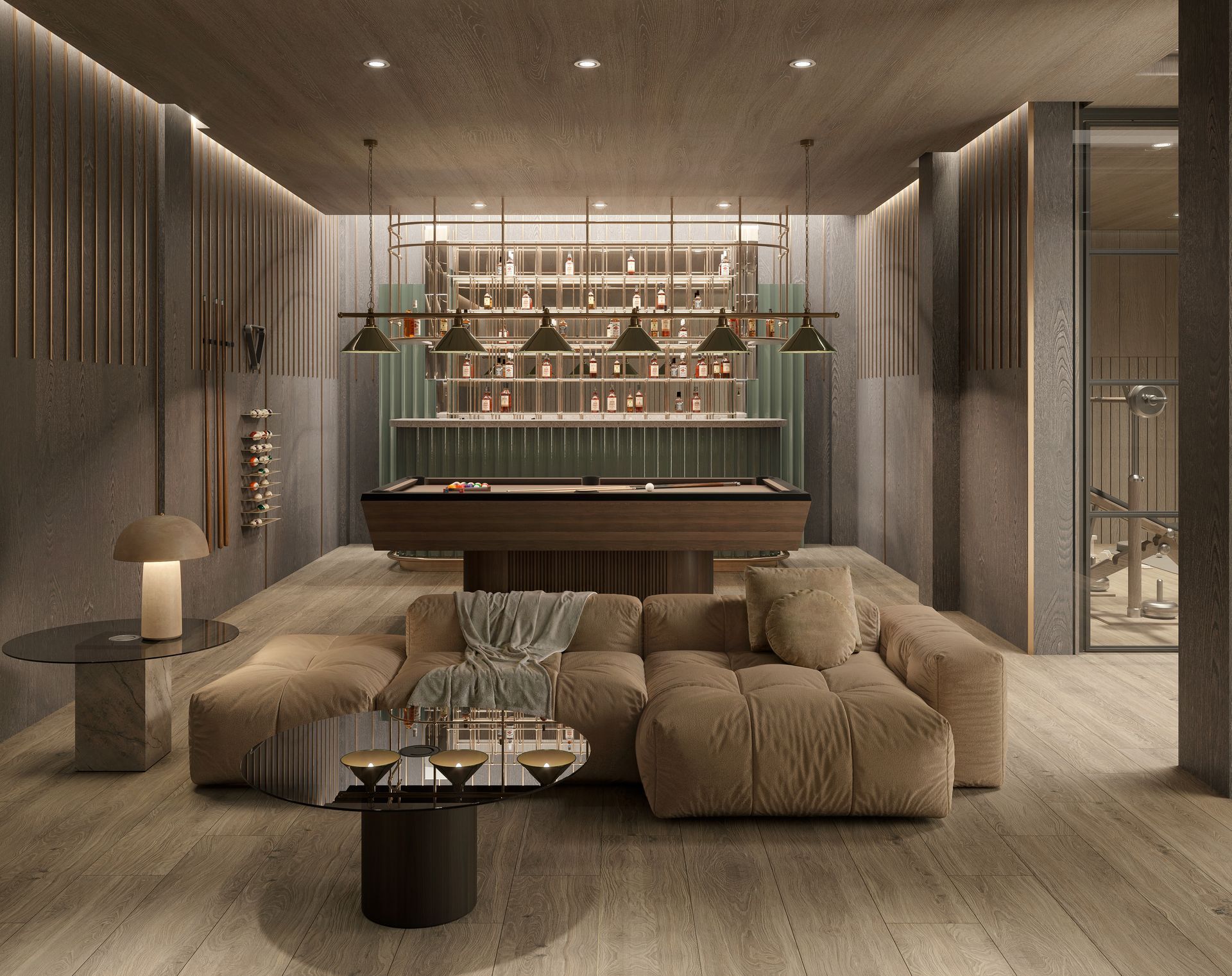 Lujosa sala de juegos con mesa de billar, bar y cómodos asientos.