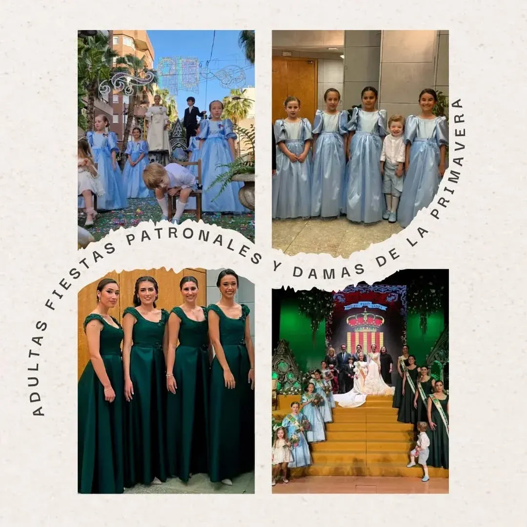 Cuatro imágenes de mujeres con vestidos formales; festividades por el festival de primavera.