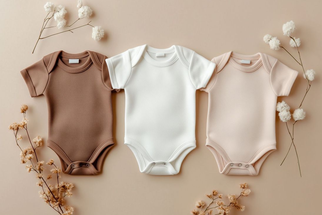 Trois bodies pour bébé, marron, blanc et beige, sur un fond neutre orné de fleurs séchées.