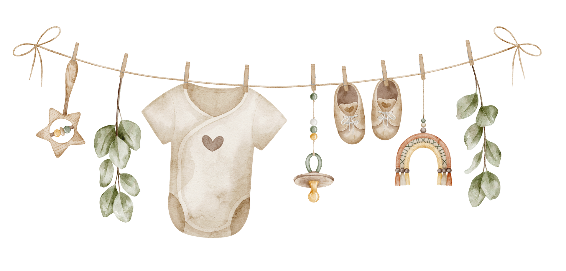 Des vêtements et accessoires beiges pour bébé suspendus à une corde à linge avec des pinces à linge et de la verdure dans une scène de chambre d'enfant