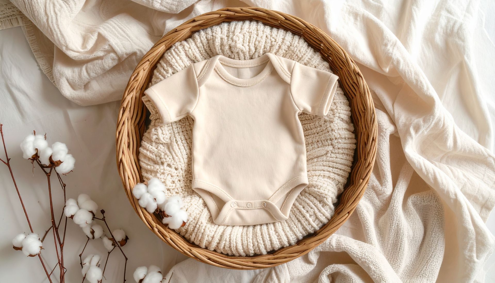 Body beige pour bébé dans un panier tressé avec des fleurs en coton sur fond de tissu crème