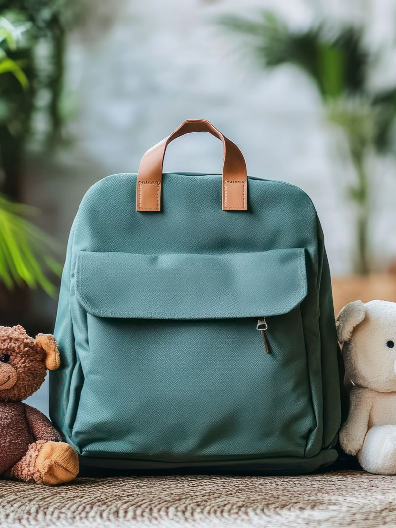 Sac à dos turquoise à poignées beiges entre un ours en peluche et un jouet en peluche sur un fond extérieur flou.