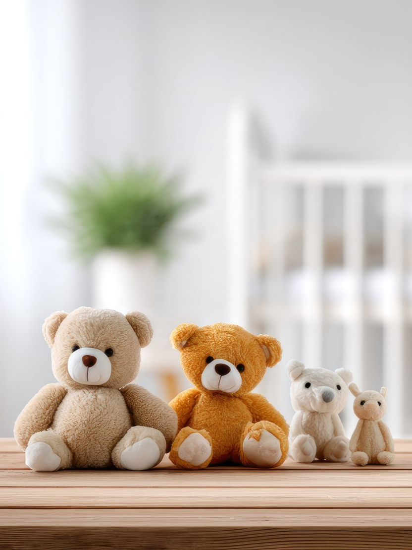 Quatre ours en peluche beiges, oranges et blancs sont assis sur une table en bois dans une chambre d'enfant lumineuse.