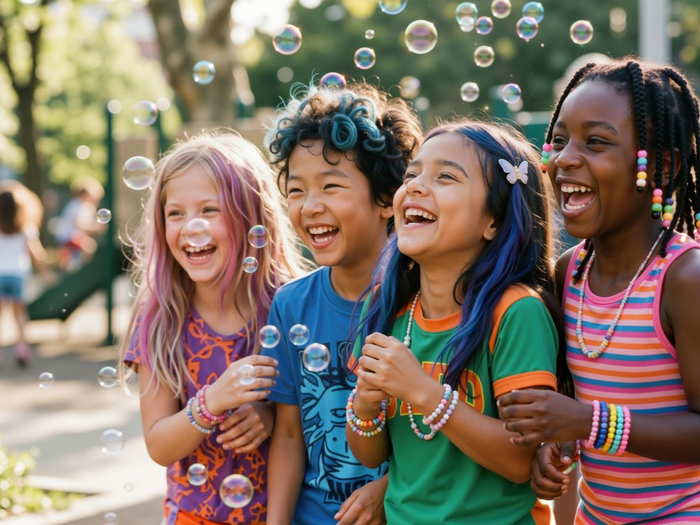 Quatre enfants souriants font des bulles de savon à l'extérieur, dans un parc ensoleillé.