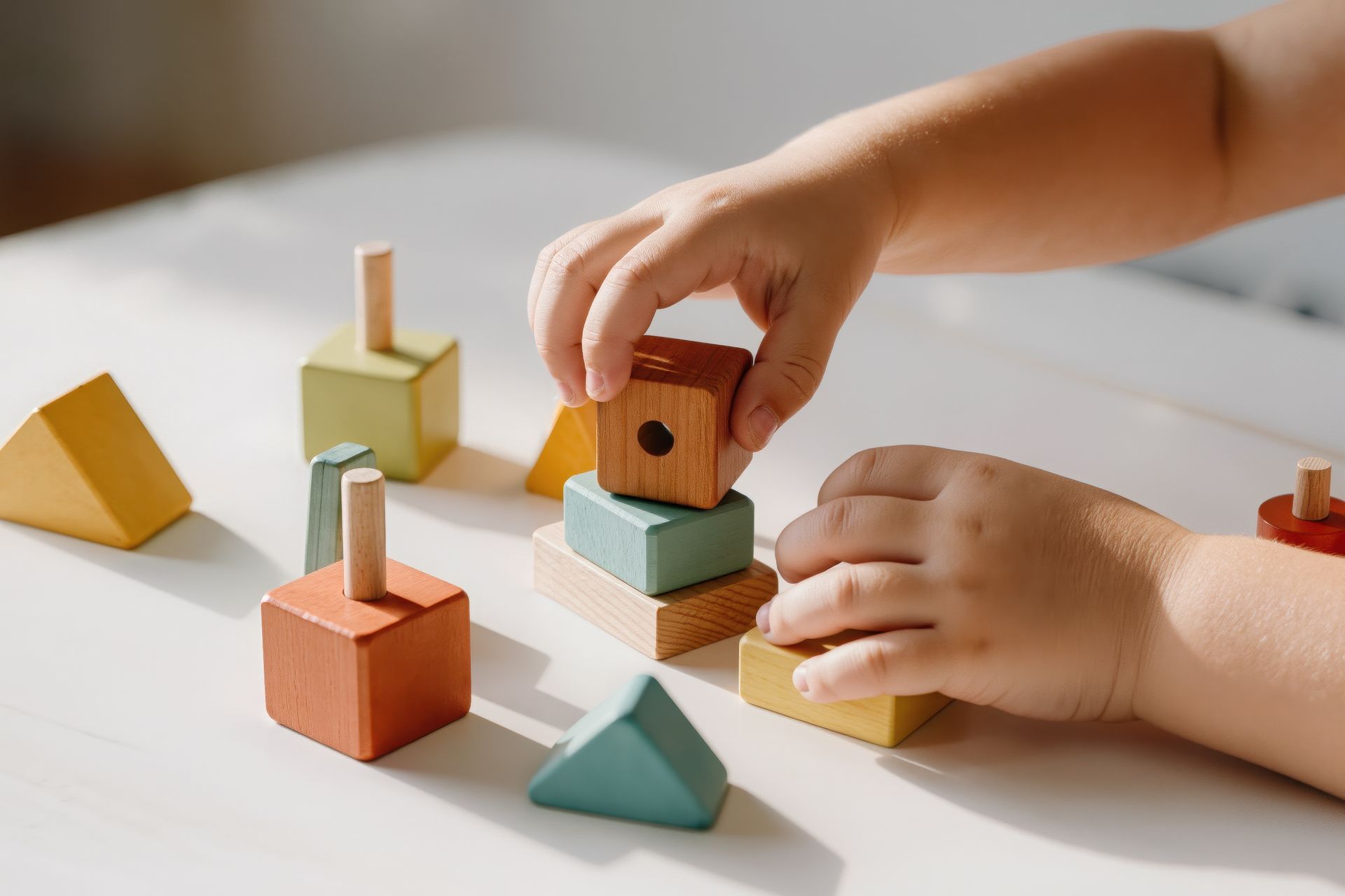 Mains d'enfant empilant des blocs de bois colorés sur une table blanche