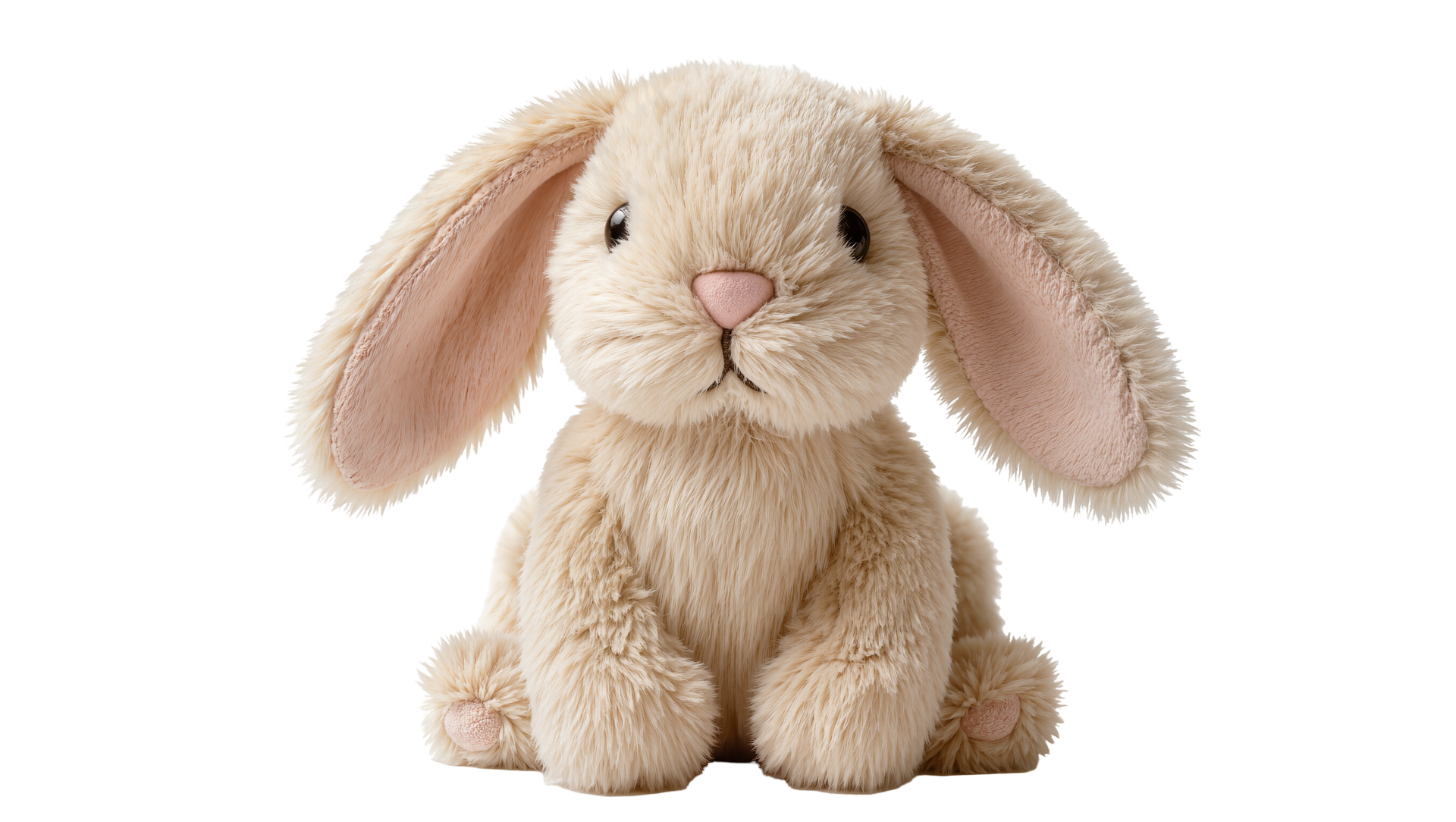 Lapin en peluche beige aux longues oreilles tombantes, assis sur un fond blanc.