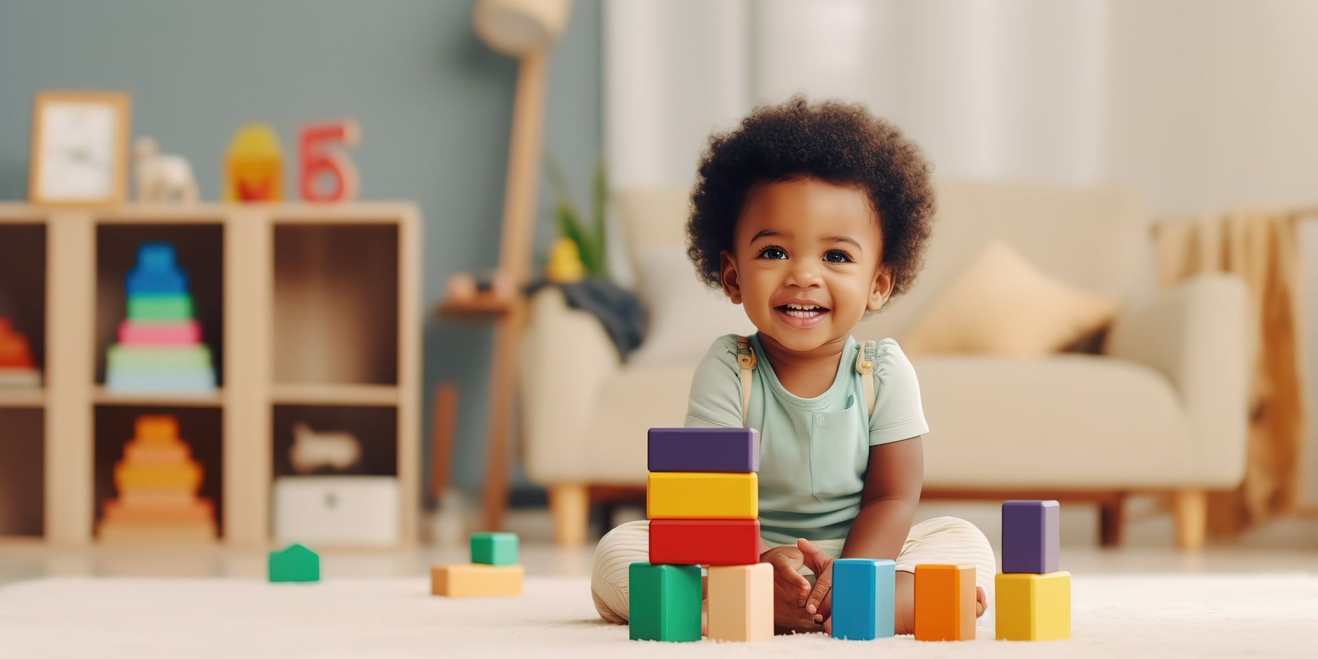 Un enfant souriant empile des blocs colorés sur le sol dans une salle de jeux lumineuse