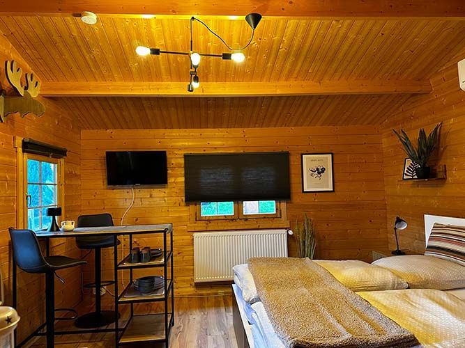 Eine Holzhütte mit zwei Betten, einem Schreibtisch und einem Fernseher.