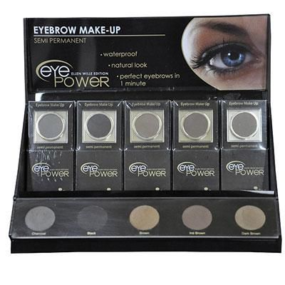 Una exhibición de maquillaje de cejas con una imagen del ojo de una mujer.